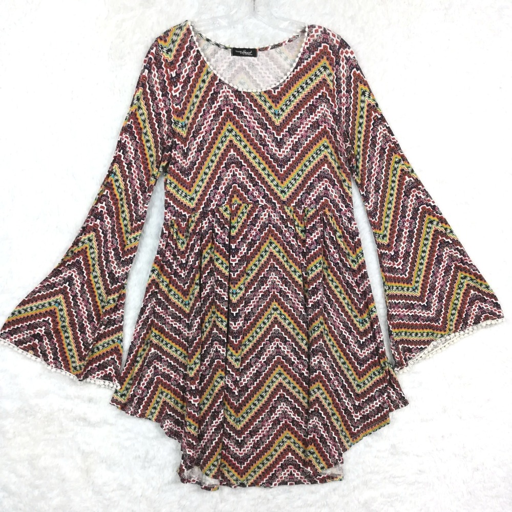 Young At Heart Womens Dress‎ Tunic Chevron Print Bell Sleeve Multicolor Boho XL